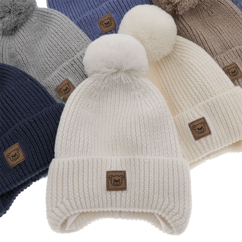 Bonnet d'hiver garçon, bleu marine, avec laine mérinos, doublé de polaire, avec liens, Tofik