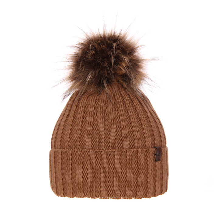 Beret d'hiver femme, camel, avec laine mérinos, doublé de polaire, Texa