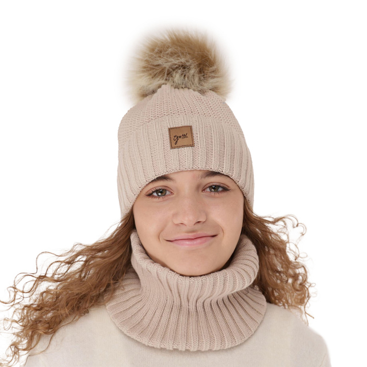 Ensemble d'hiver fille: bonnet et snood, beige, avec pompon, Juliette