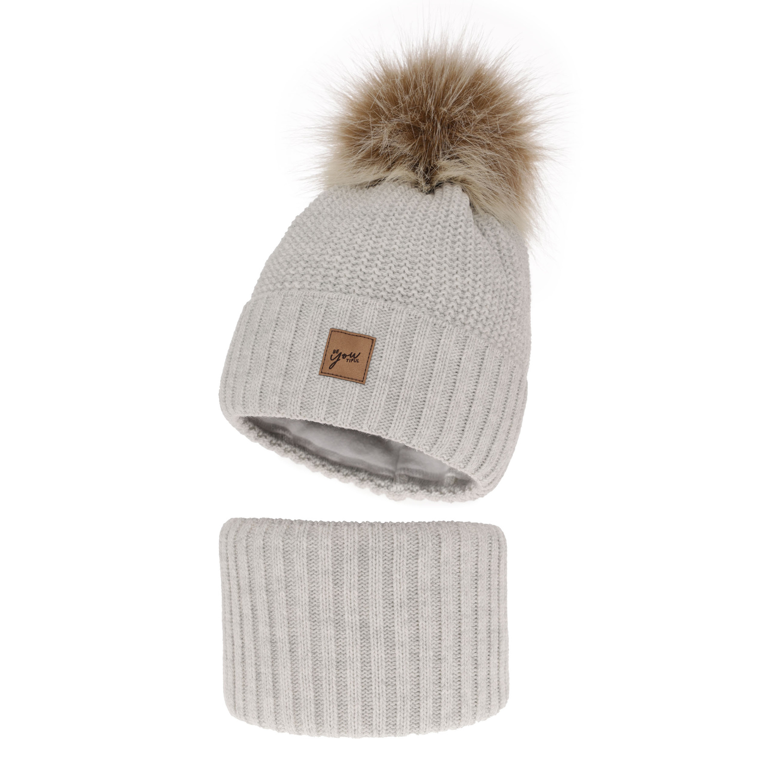 Ensemble d'hiver fille: bonnet et snood, gris, avec pompon, Juliette