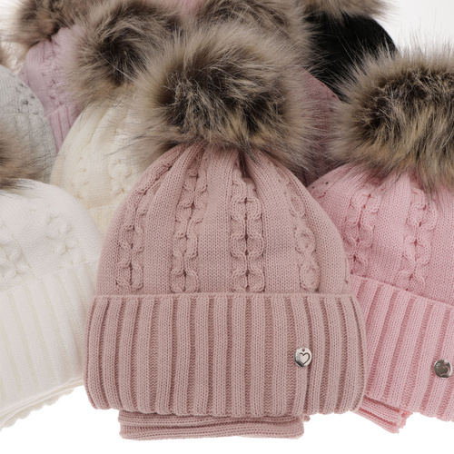 Ensemble d'hiver fille: bonnet et snood, violet, avec pompon, Felia