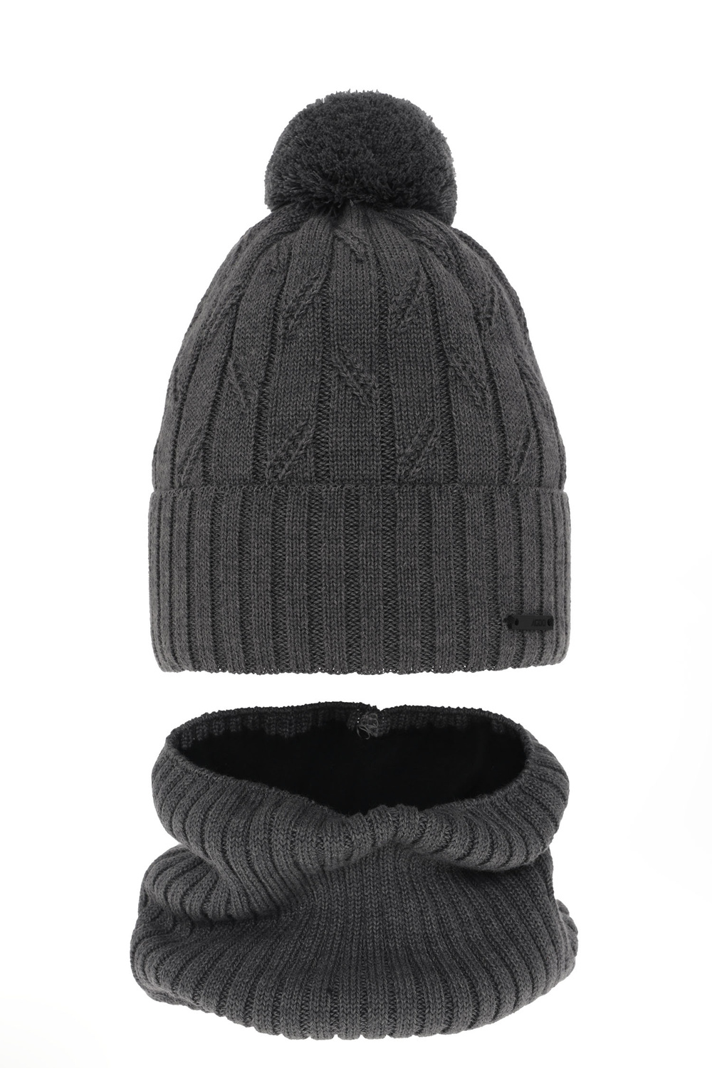 Ensemble d'hiver garçon: bonnet et snood, gris, avec pompon, avec laine mérinos, Talar