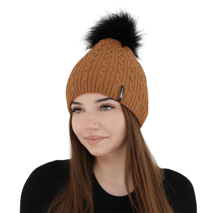 Bonnet d'hiver femme, camel, avec pompon, Xena