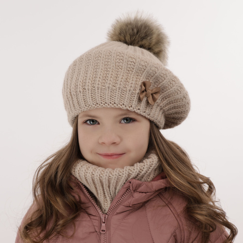 Ensemble d'hiver fille: béret et snood, crème, avec pompon, Polinezja