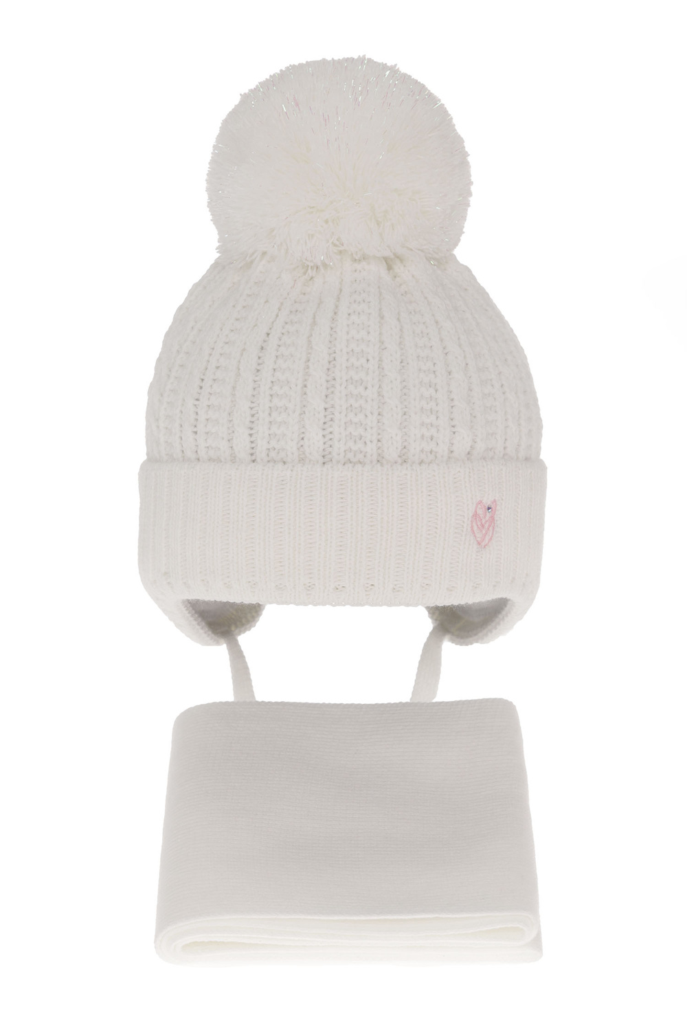 Ensemble d'hiver fille: bonnet et écharpe, blanc, avec pompon, avec liens, Marisa