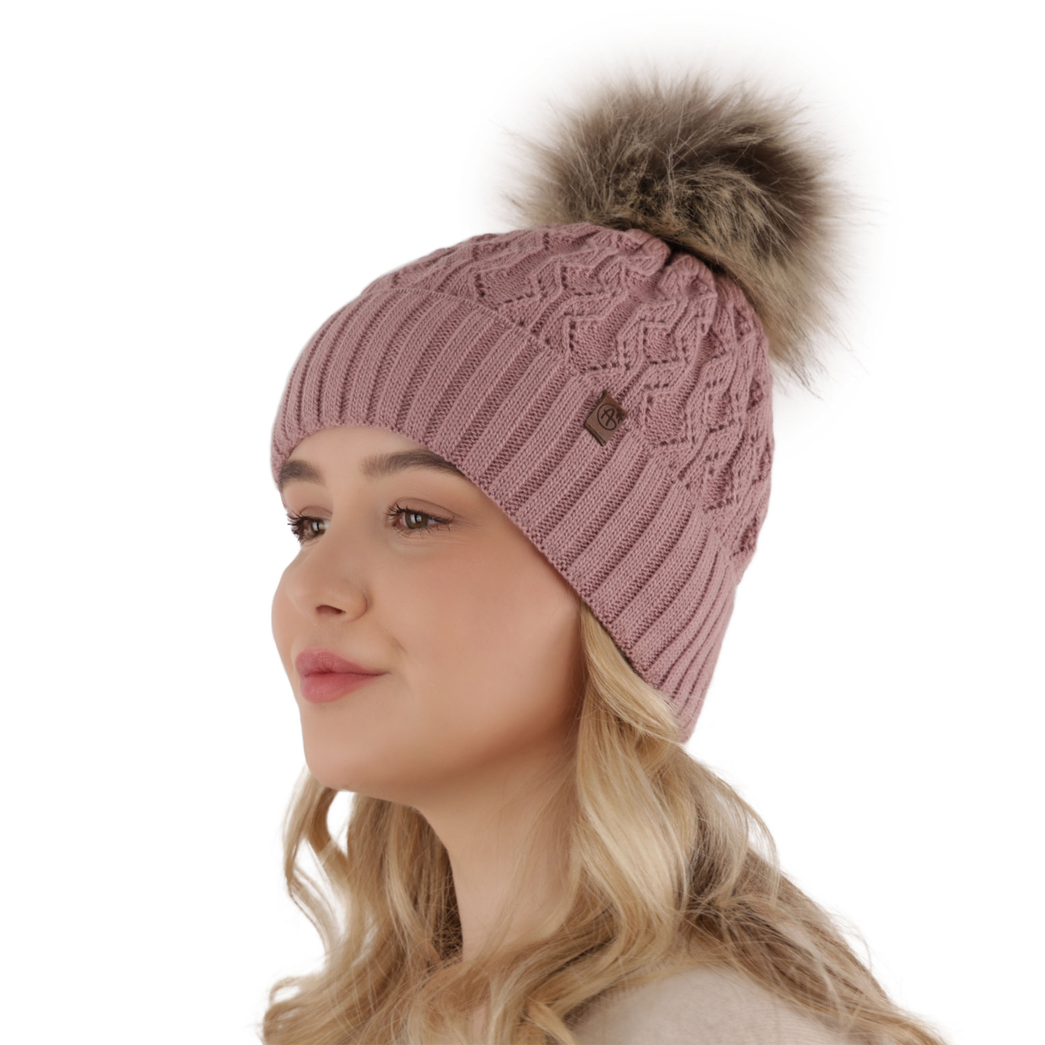Bonnet d'hiver femme, blanc, avec pompon, Katty