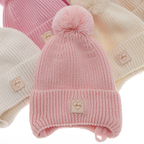 Bonnet d'hiver fille, rose, avec pompon, avec laine mérinos, doublé de coton, avec liens, Havana