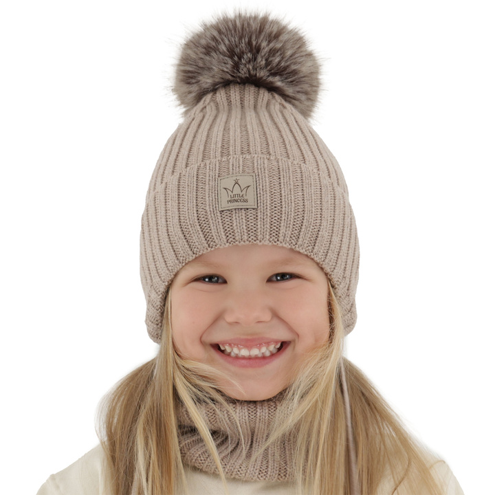 Ensemble d'hiver fille: bonnet et snood, beige, avec laine mérinos, doublé de polaire, Martina