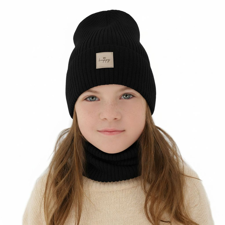 Ensemble automne/printemps fille: bonnet et snood, noir, avec laine mérinos, Vanita