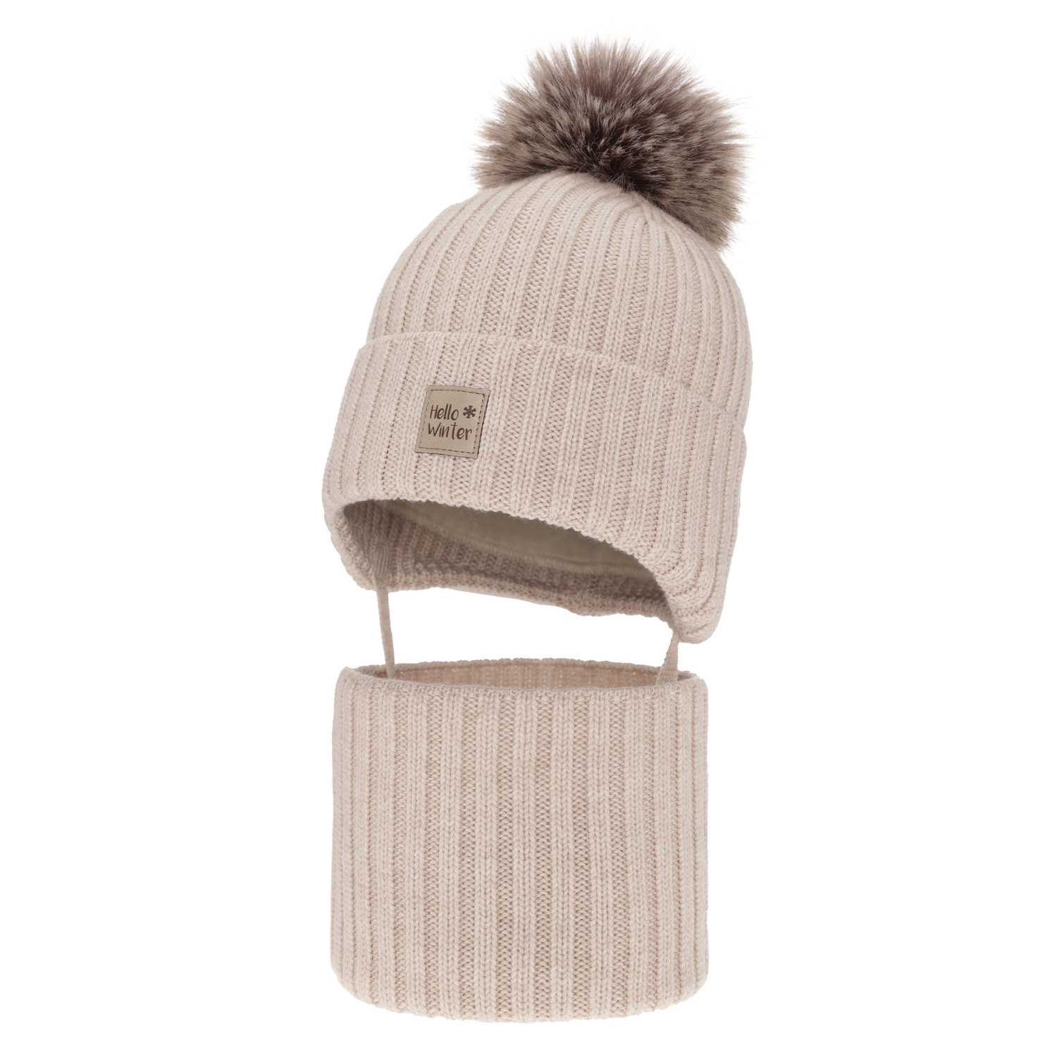 Ensemble d'hiver garçon: bonnet et snood, beige clair, avec liens, avec laine mérinos, doublé de coton, Morti