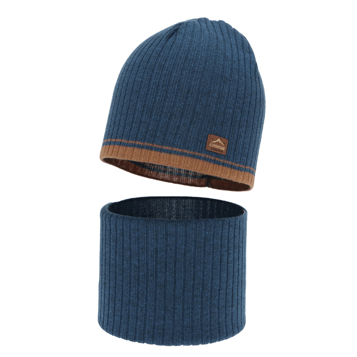 Ensemble automne/printemps garçon: bonnet et snood, bleu, avec coton, Eirik