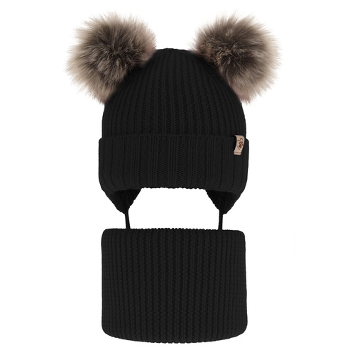 Ensemble d'hiver fille: bonnet et snood, noir, avec liens, 100% laine mérinos, avec deux pompons, Silvia