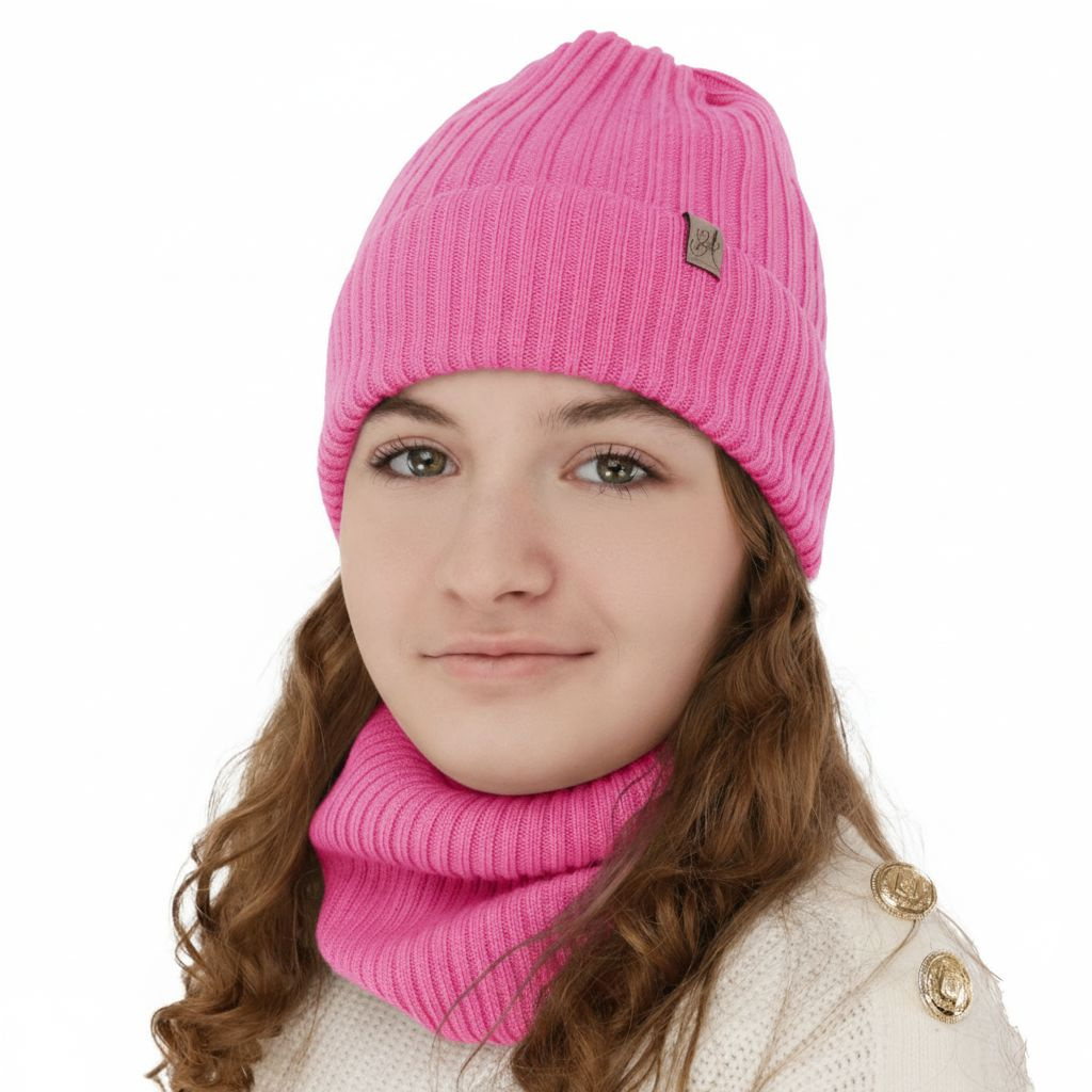 Ensemble d'hiver fille: bonnet et snood, rose, avec laine mérinos, Patricia
