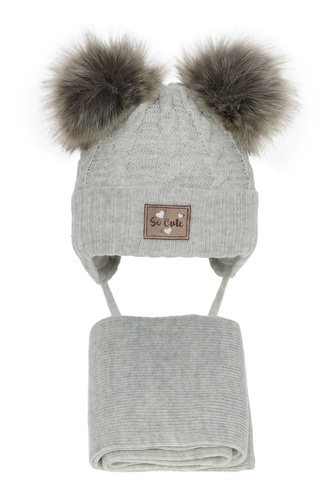 Ensemble d'hiver fille: bonnet et écharpe, gris, avec deux pompons, avec fil brillant, Klarita