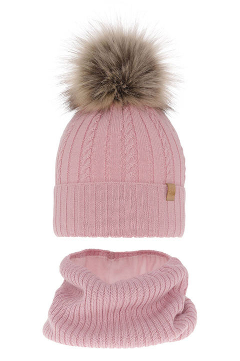 Ensemble d'hiver fille: bonnet et snood, rose clair, avec laine mérinos, Mirabel