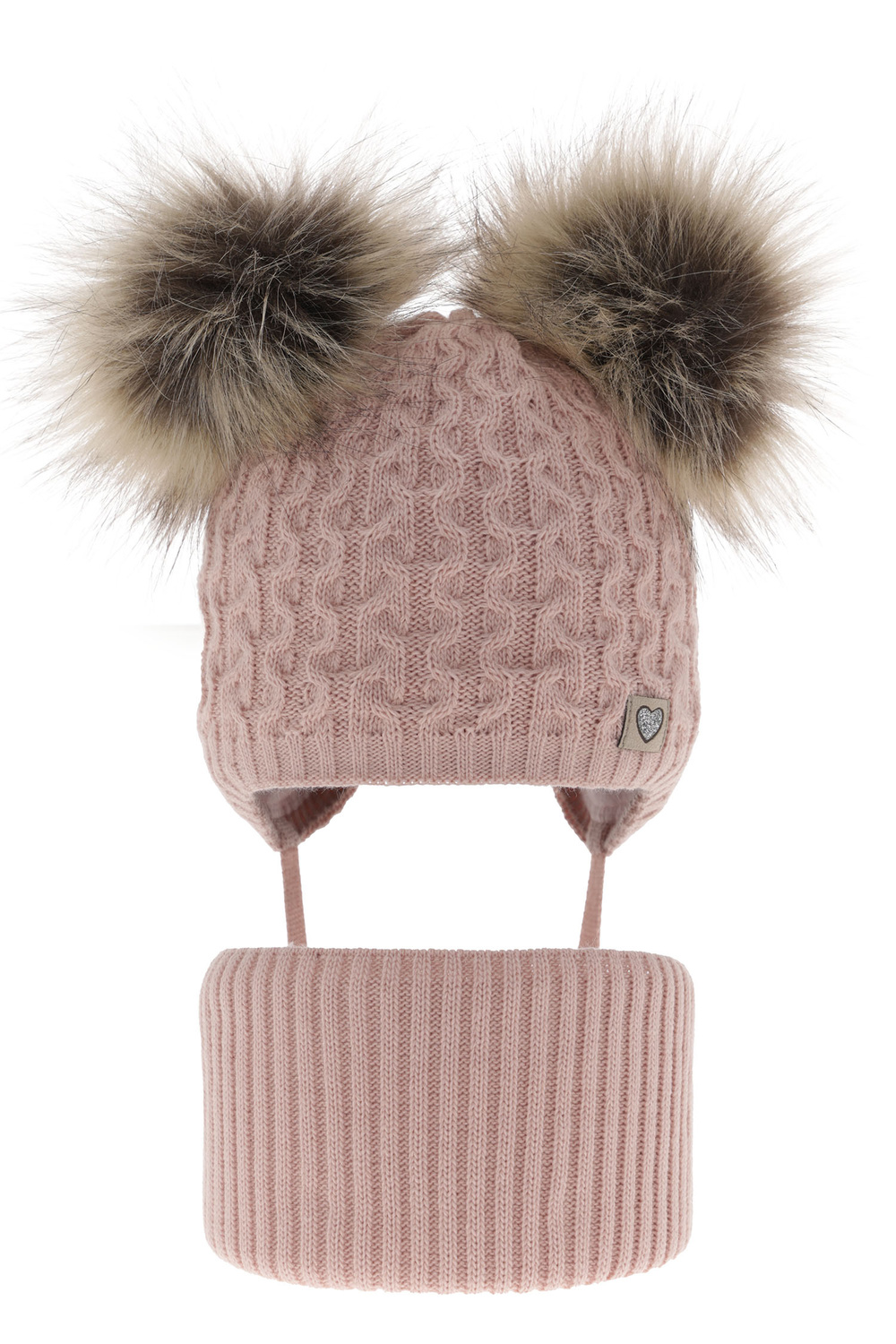 Ensemble d'hiver fille: bonnet et snood, rose clair, avec deux pompons, avec liens, Poliana