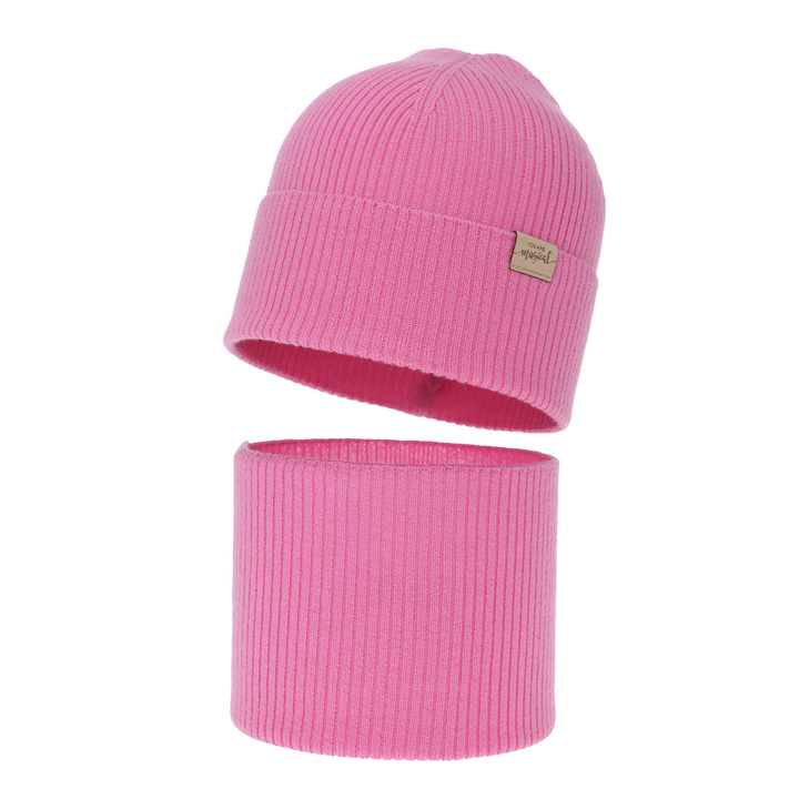 Ensemble automne/printemps fille: bonnet et snood, rose, 100% laine mérinos, Magenta
