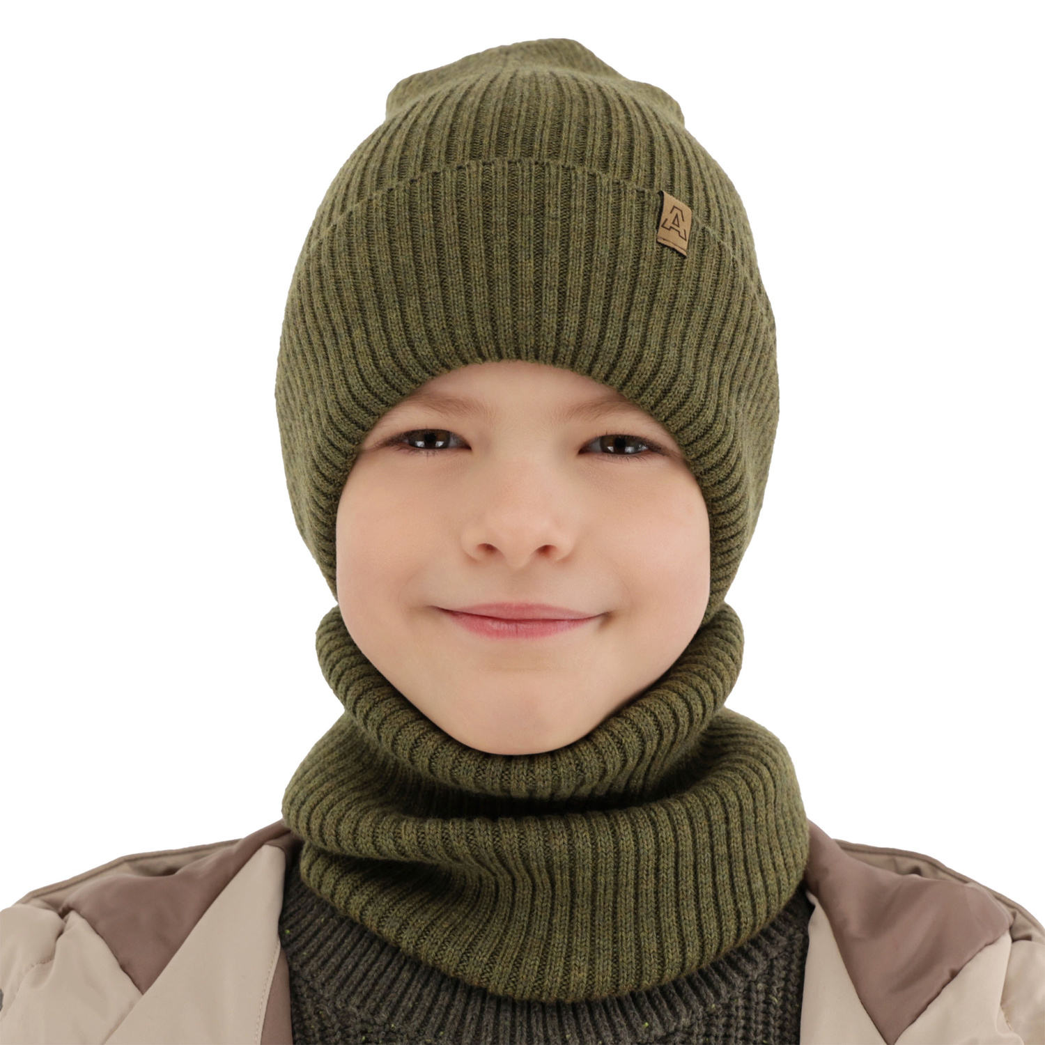 Ensemble automne/printemps garçon: bonnet et snood, camel, avec laine mérinos, Lemas