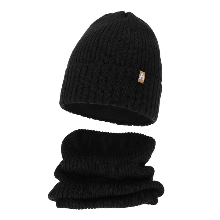 Ensemble d'hiver fille: bonnet et snood, noir, avec laine mérinos, doublé de polaire, Peggy