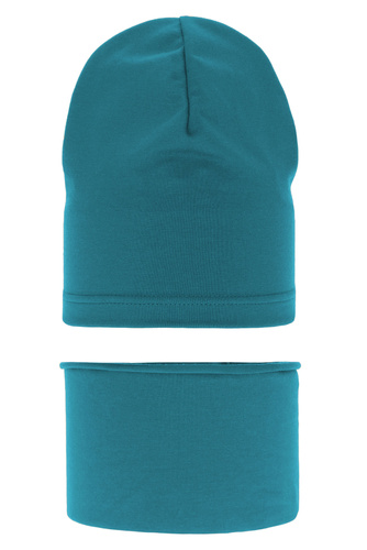 Ensemble automne/printemps garçon: bonnet et snood, vert émeraude, en coton, Hazel