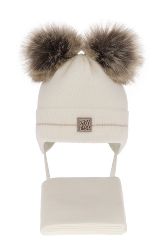 Ensemble d'hiver garçon: bonnet et écharpe, crème, avec deux pompons, Melon