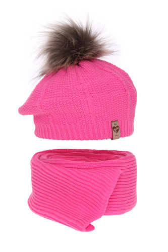 Ensemble d'hiver fille: béret et écharpe, rose, avec pompon, Elif