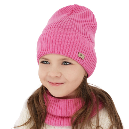 Ensemble automne/printemps fille: bonnet et snood, rose, 100% laine mérinos, Itra