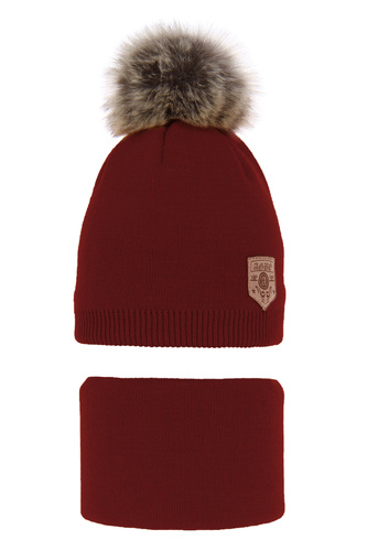 Ensemble d'hiver garçon: bonnet et snood, bordéau, avec pompon, Apolin