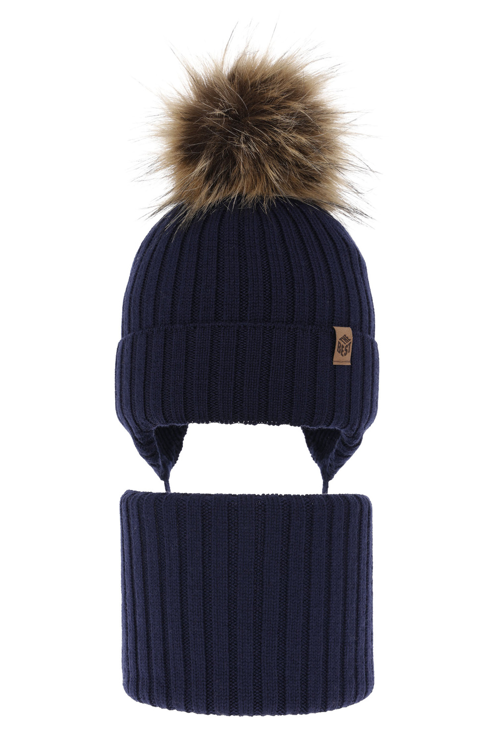 Ensemble d'hiver garçon: bonnet et snood, bleu marine, avec pompon, 100% Laine Mérinos, Juno