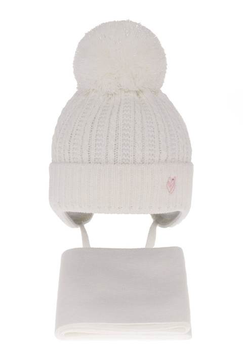 Ensemble d'hiver fille: bonnet et écharpe, blanc, avec pompon, avec liens, Marisa