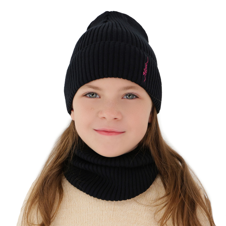 Ensemble automne/printemps fille: bonnet et snood, avec coton, noir, Elvara