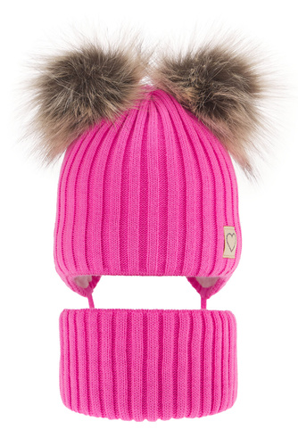 Ensemble d'hiver fille: bonnet et snood, rose, avec deux pompons, avec liens, Telisa