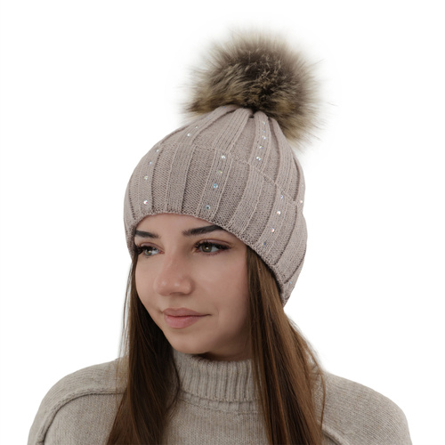 Bonnet d'hiver femme, camel, avec pompon, Mada