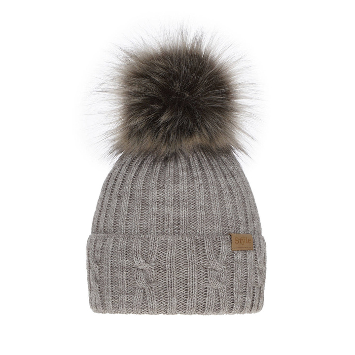 Bonnet d'hiver femme, beige, avec pompon, Lawina