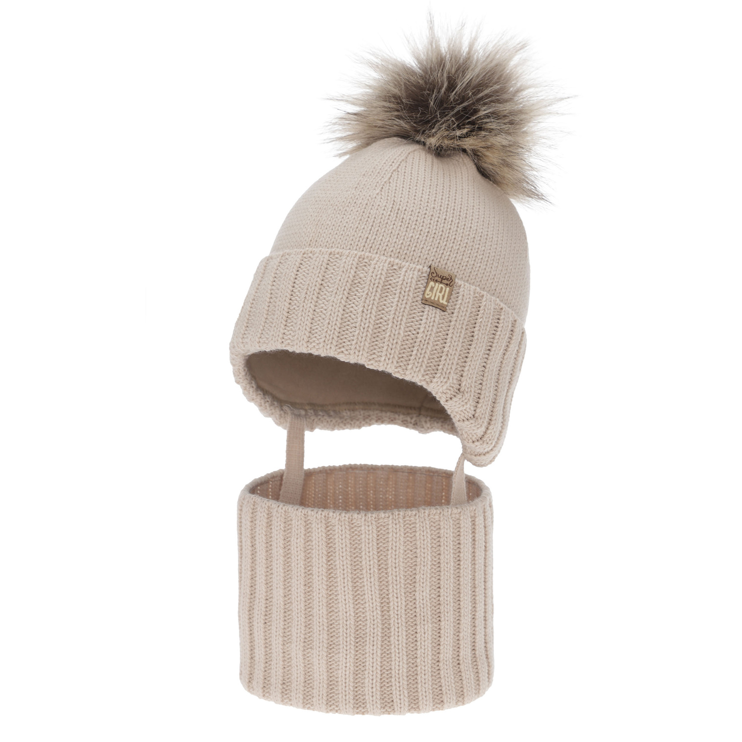 Ensemble d'hiver fille: bonnet et snood, beige, avec pompon, Primula