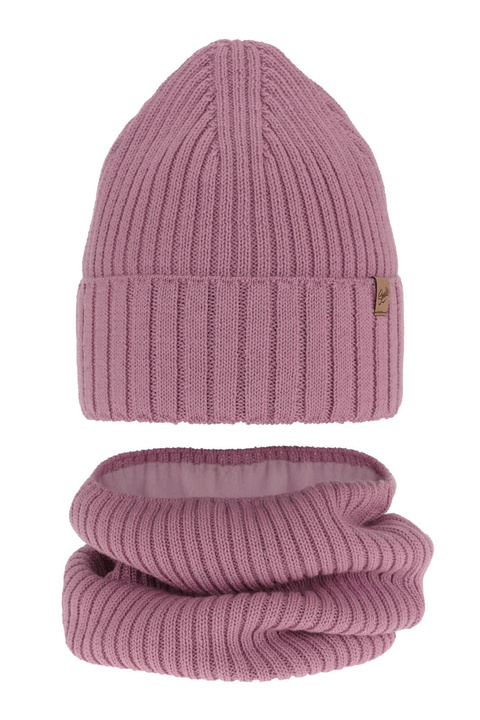 Ensemble d'hiver fille: bonnet et snood, violet, avec laine mérinos, Mesalia