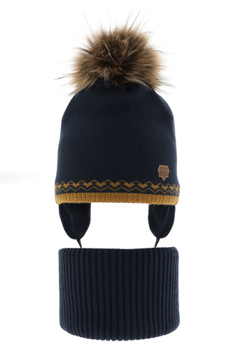 Ensemble d'hiver garçon: bonnet et snood, bleu marine, avec pompon, Elpis