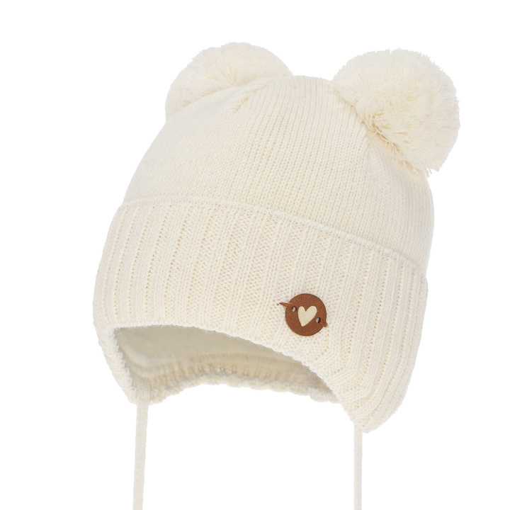 Bonnet d'hiver fille, crème, avec liens, avec laine mérinos, Mesyna