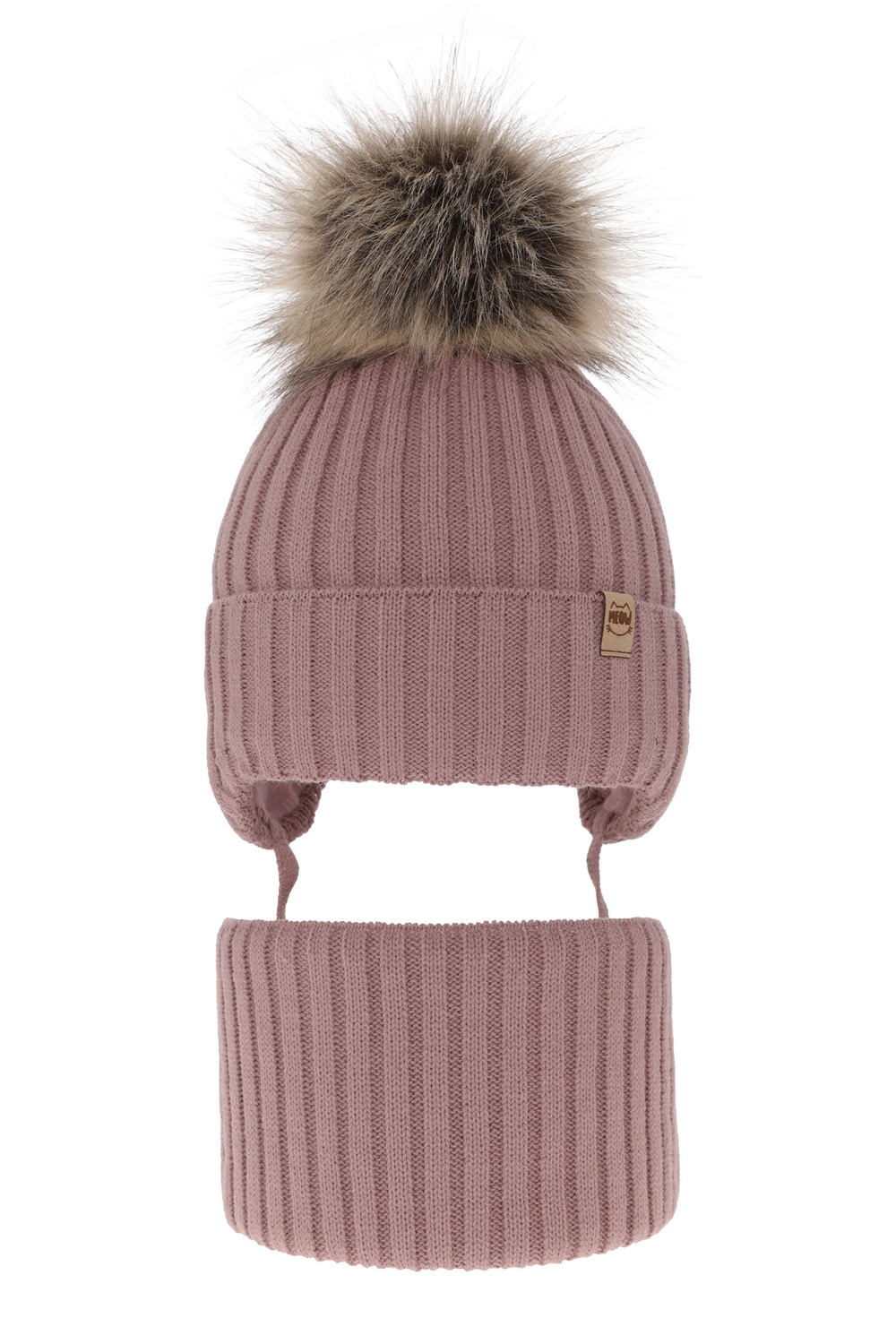Ensemble d'hiver fille: bonnet et snood, violette, avec liens, avec pompon, Louisa
