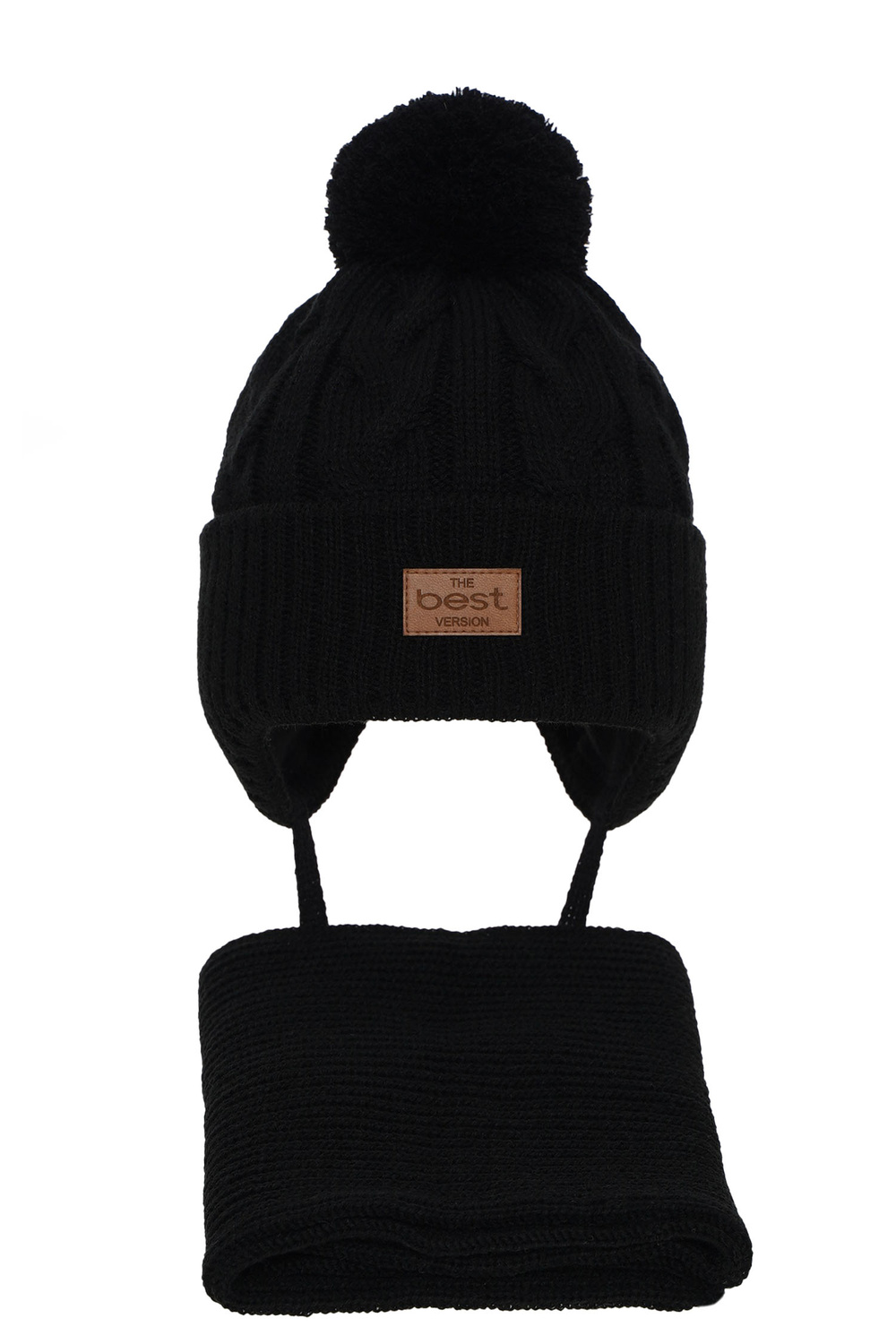 Ensemble d'hiver garçon: bonnet et écharpe, noir, avec pompon, avec liens, Remix