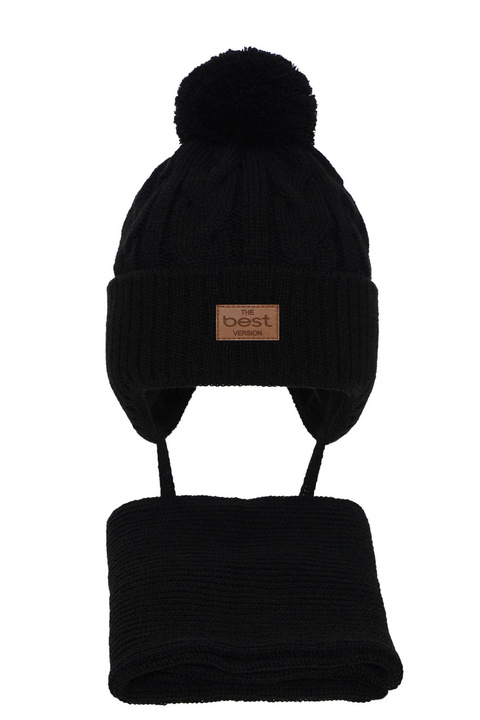 Ensemble d'hiver garçon: bonnet et écharpe, noir, avec pompon, avec liens, Remix