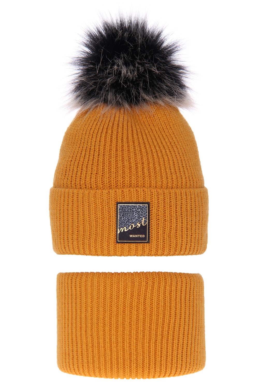 Ensemble d'hiver fille: bonnet et snood, miel, avec pompon, Sycylia