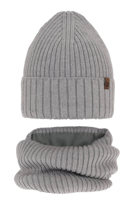 Ensemble d'hiver garçon: bonnet et snood, gris clair, avec laine mérinos, Metis