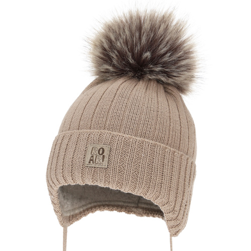 Bonnet d'hiver garçon, avec liens, avec laine mérinos, beige, Nabil