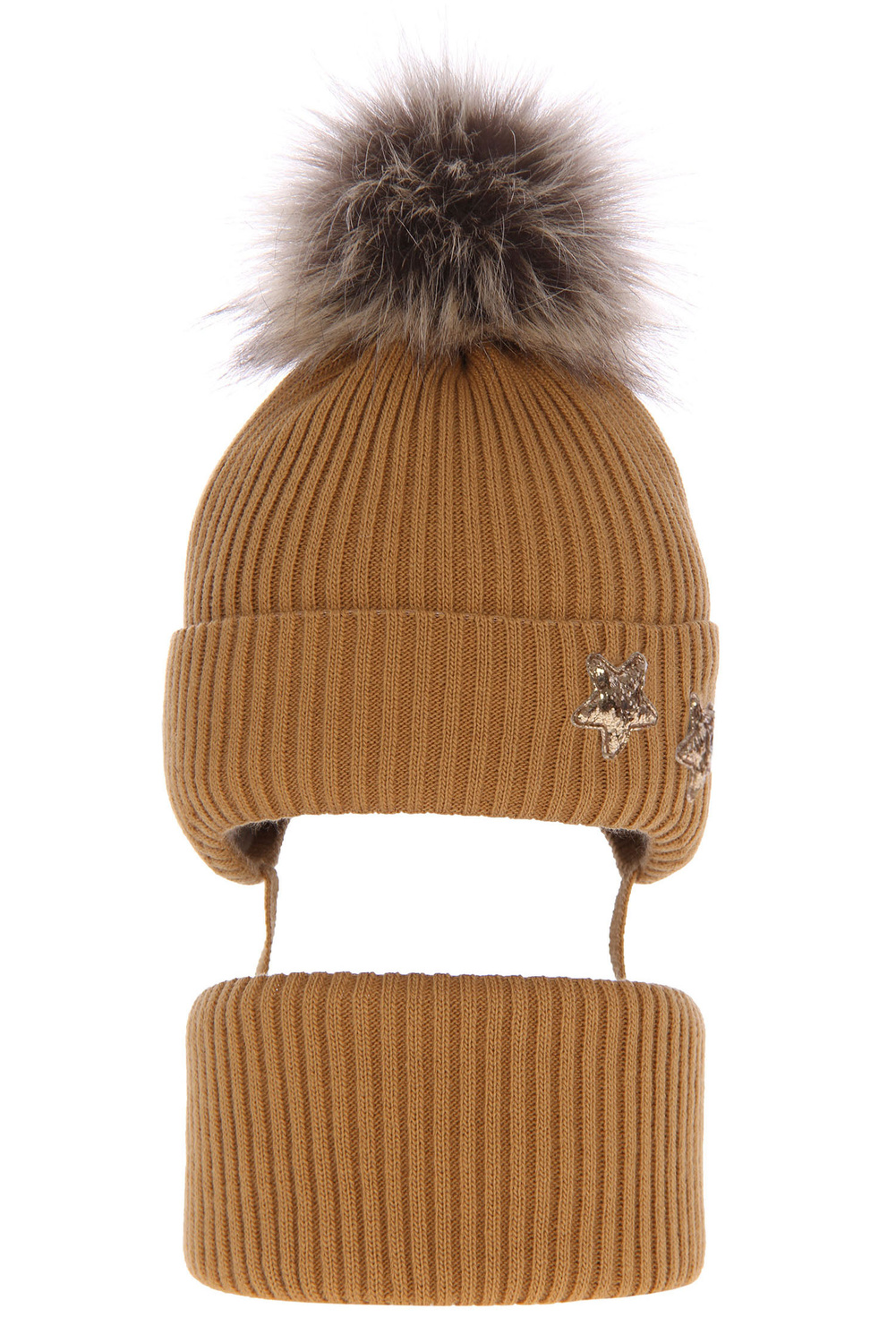 Ensemble d'hiver fille: bonnet et snood, brun, avec liens, Delicja
