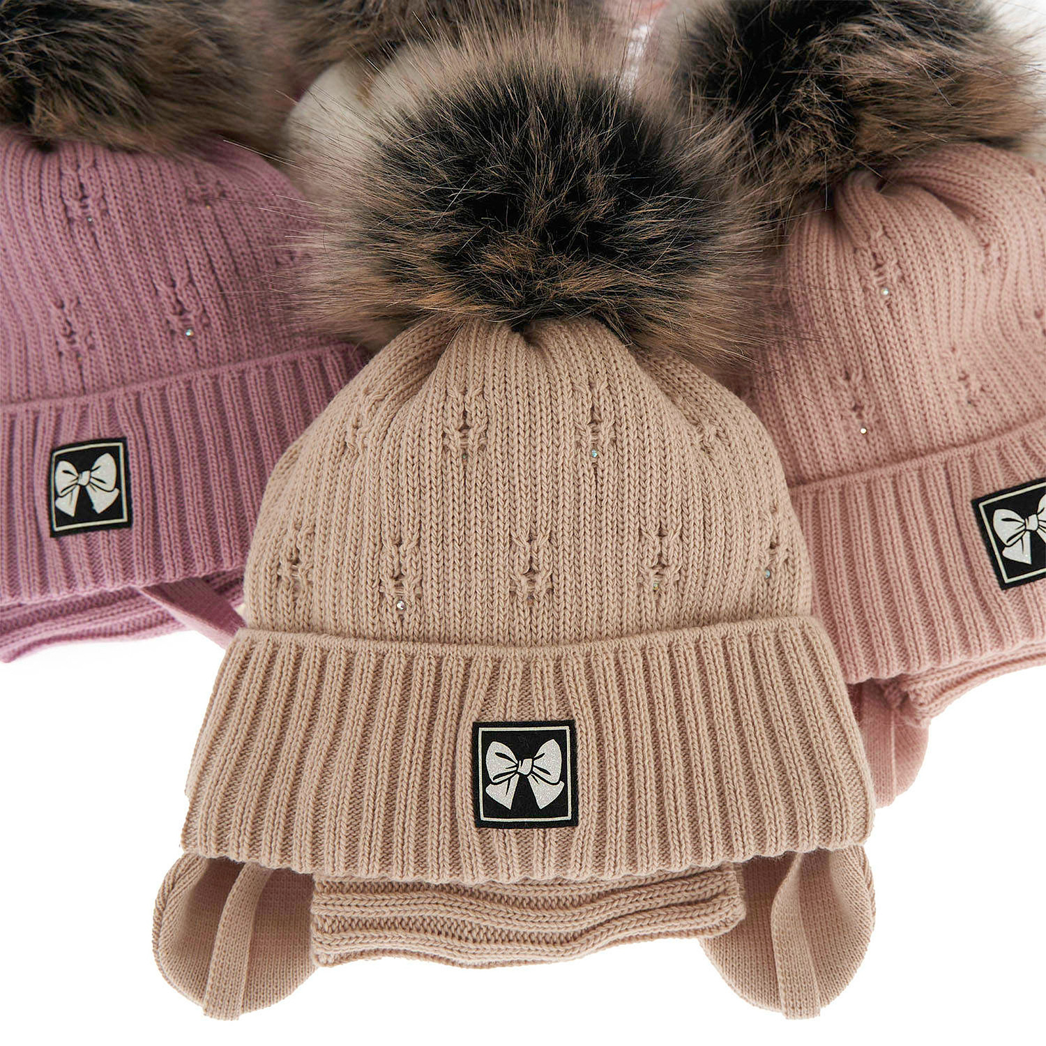 Ensemble d'hiver fille: bonnet et snood, beige, avec pompon, Kinia