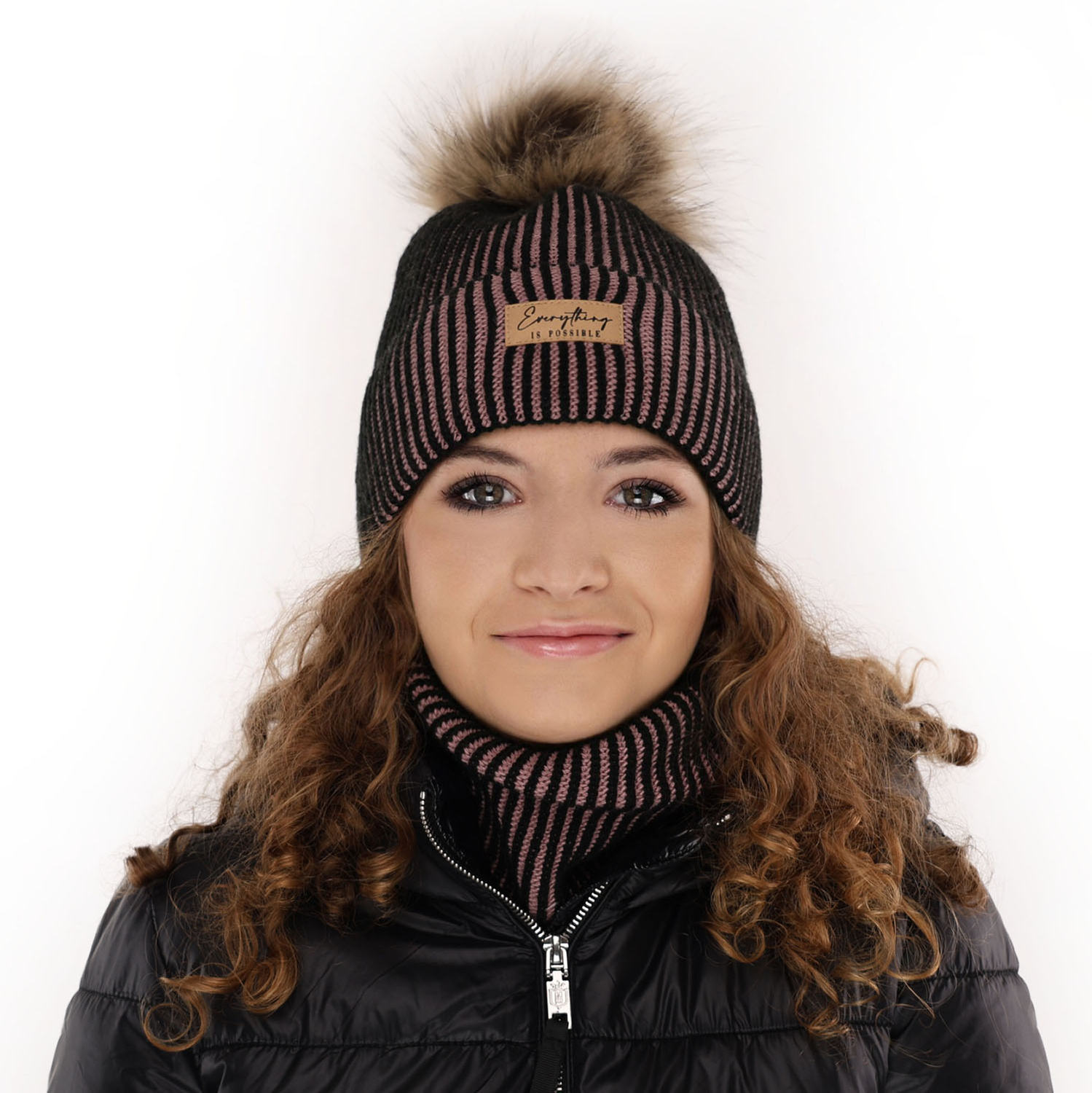 Ensemble d'hiver fille: bonnet et snood, beige, avec pompon, Floryda