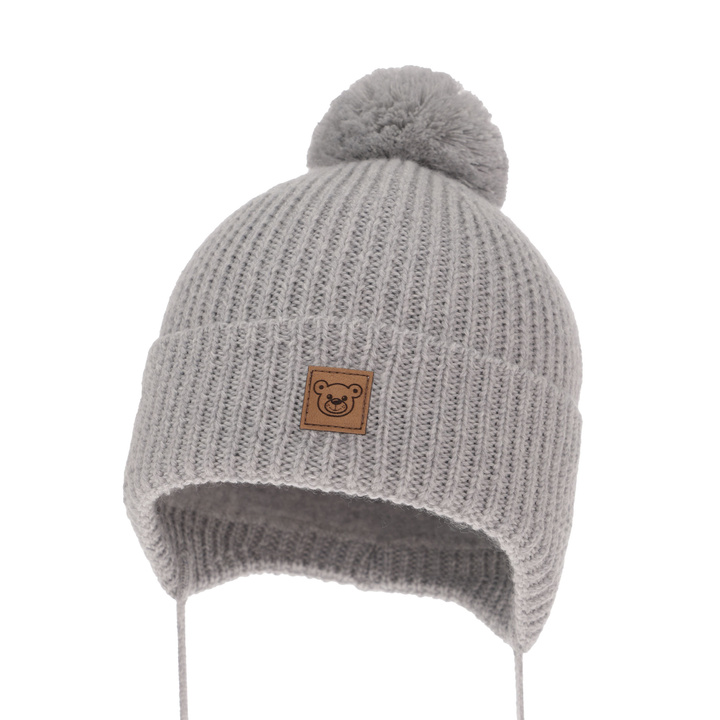 Bonnet d'hiver garçon, gris, avec laine mérinos, doublé de polaire, avec liens, Tofik