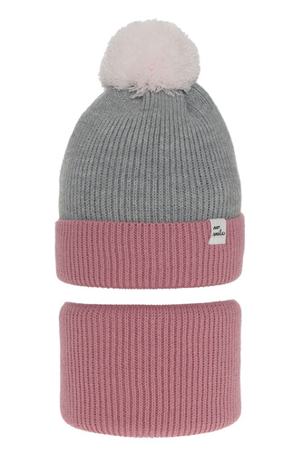 Ensemble d'hiver fille: bonnet et snood, rose, avec pompon, Rosalin