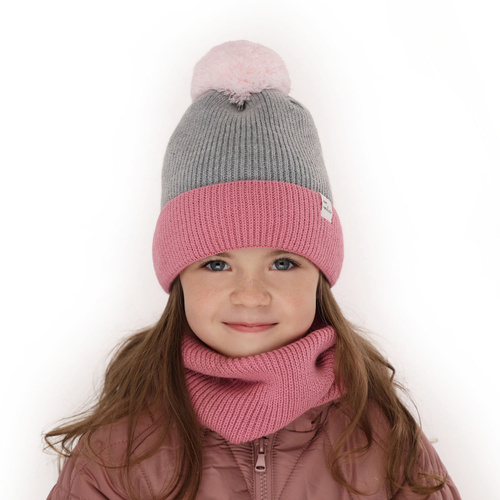 Ensemble d'hiver fille: bonnet et snood, gris, avec pompon, Rosalin